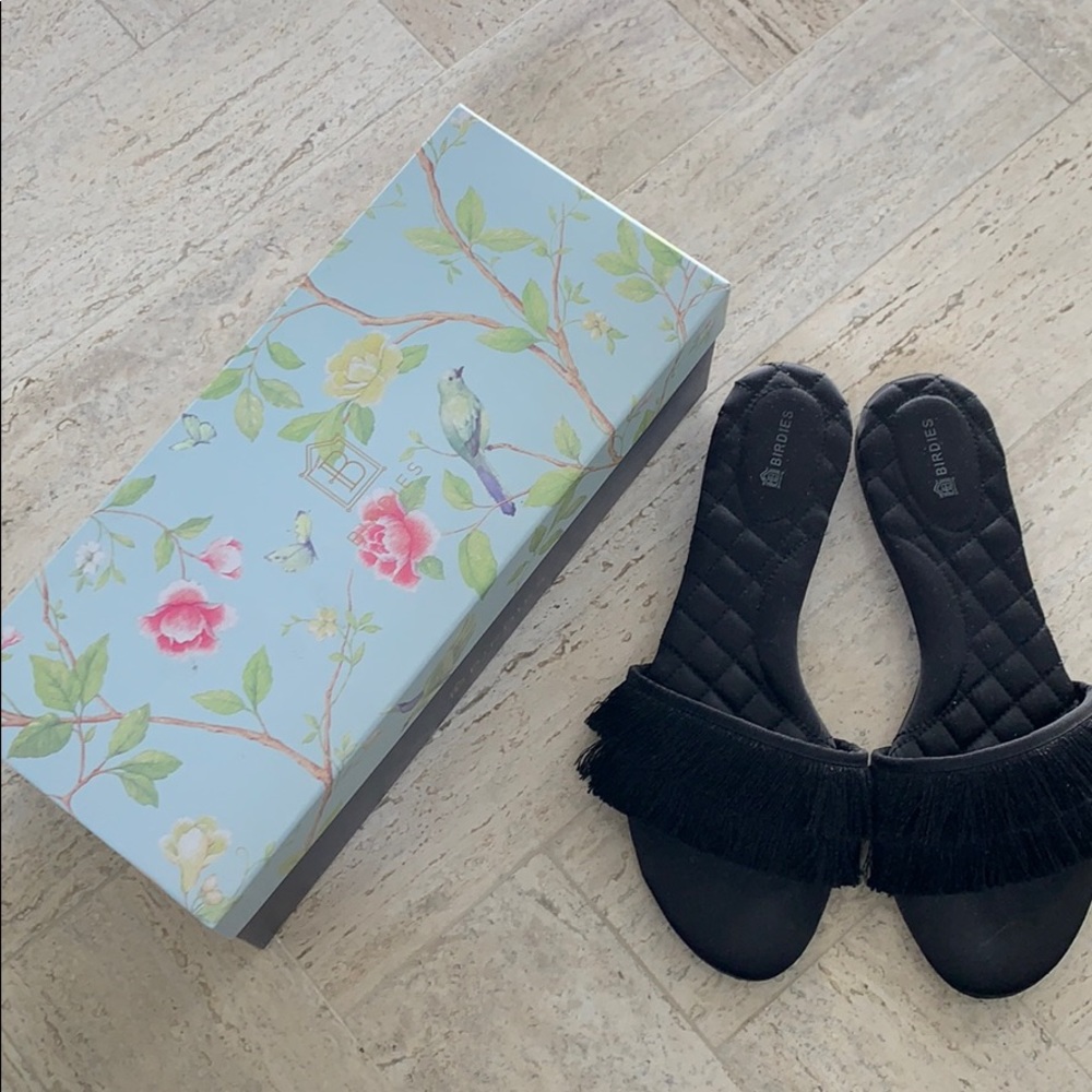 Birdies black satin fringe sandals